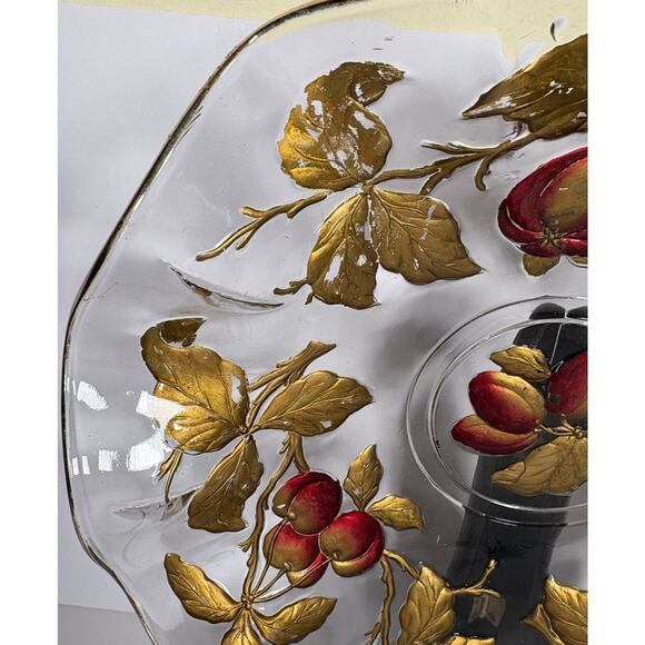Vintage Glass Intaglio Plate Dish Goofus Glass Ruffled Gold Rim Red Fruit 10.5" - Picture 9 of 16